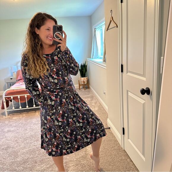 Boden Gray Blue Floral Jersey Long Sleeve MIDI Dress 12 - Picture 2 of 12